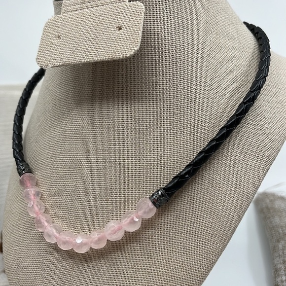 Rose Quartz Braided Black Leather Sterling Silver Adjustable Choker Necklace - Picture 2 of 11